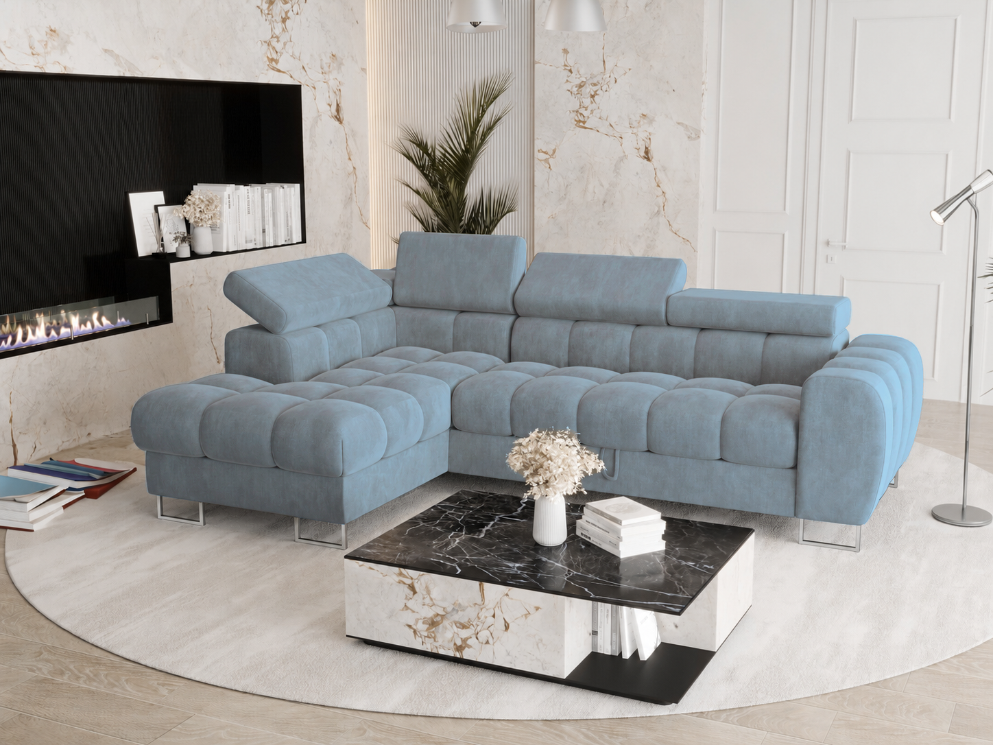Porto Mini Lewy (2) ZESTAW NAROŻNIK ROZKŁADANY ASPEN MINI 260x170 CM + PUFA 70X70 CM (ODCIENIE NIEBIESKIEGO) MR08 - SZYBKA WYSYŁKA - obrazek 1